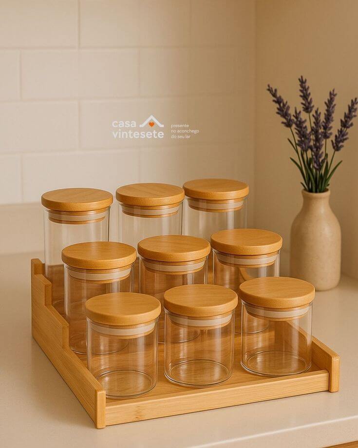 Kit EcoGlass – 5 Potes Herméticos com Tampa de Bambu