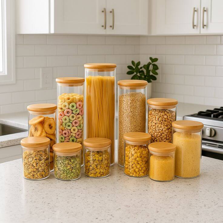 Kit EcoGlass – 5 Potes Herméticos com Tampa de Bambu