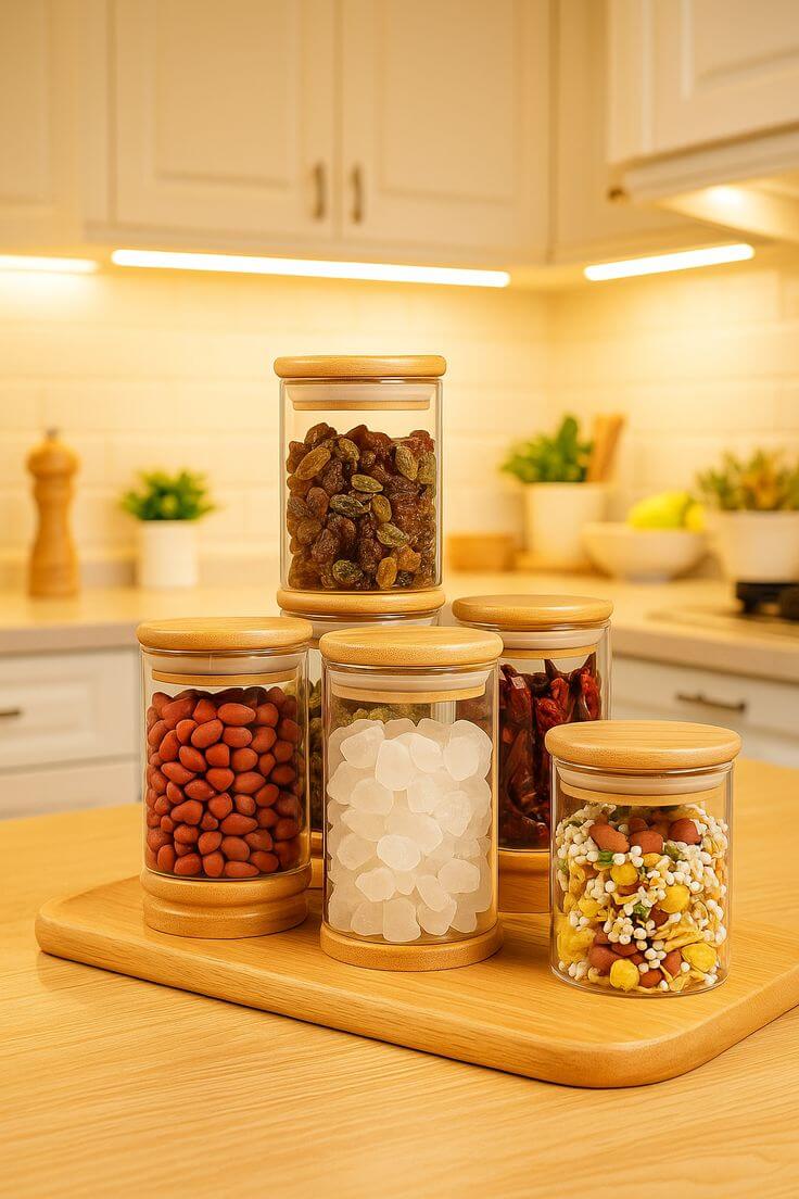 Kit EcoGlass – 5 Potes Herméticos com Tampa de Bambu